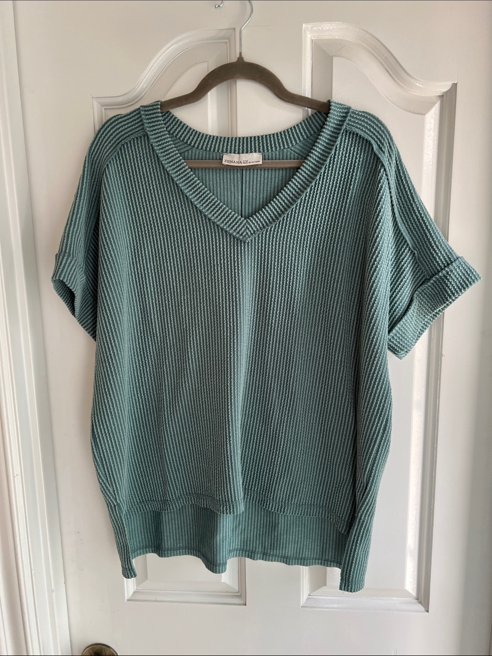 Zenana Outfitters Seafoam Ribbed V-Neck Short Sleeve Sweater